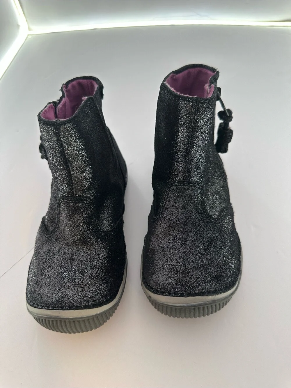 Stride Rite Girls Black Glitter Ankle Boots with Pink Lining Size 8.5M
